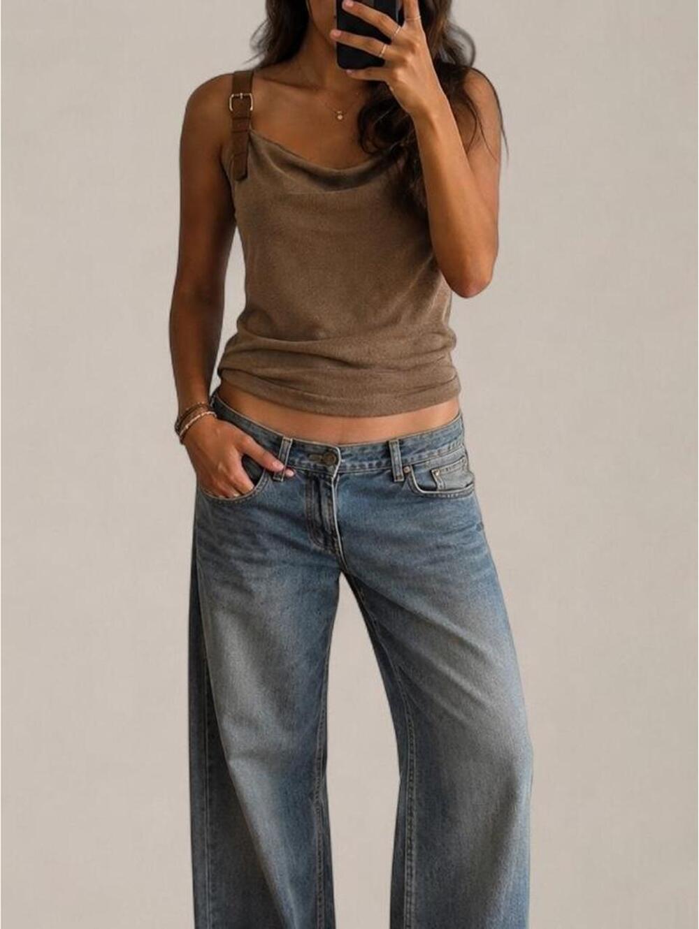 JLUXLABEL Brown Asymmetrical Buckle Strap Top — Size L